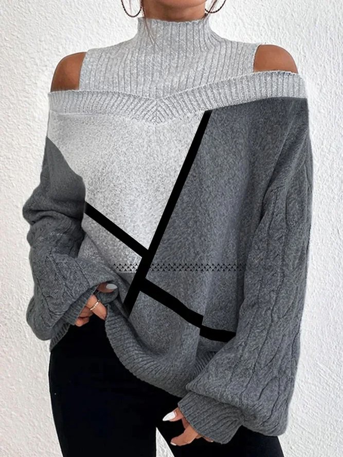 Loose Geometric Turtleneck Cold Shoulder Wool/Knitting Sweater
