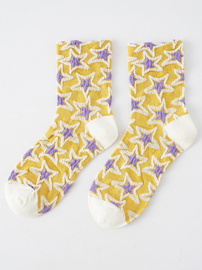 Casual Lace Stitching Cotton Star Pattern High Stretch Socks Daily Commuting Accessories