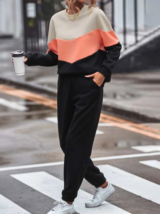 Color Block Long Sleeve Casual Two-Piece Set