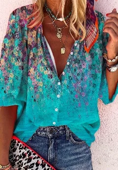 Plus Size 3/4 Sleeve Floral Casual Shirt Top