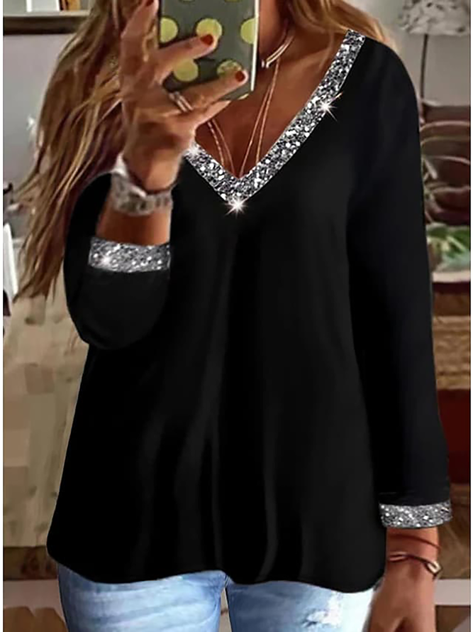 Plus Size V Neck Glitter Loose Casual T-Shirt