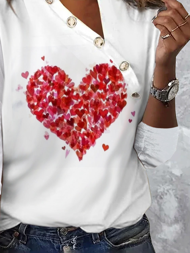 Heart/Cordate Printed Casual Jersey Buckle T-Shirt