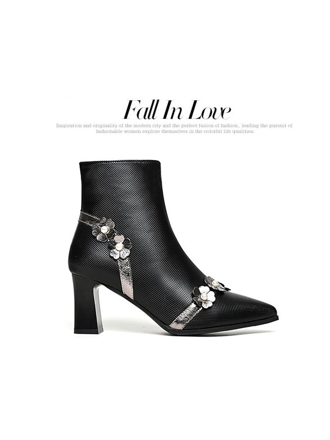 Pearl Three-dimensional Floral Warm Fleece Chunky Heel Ankle Boots