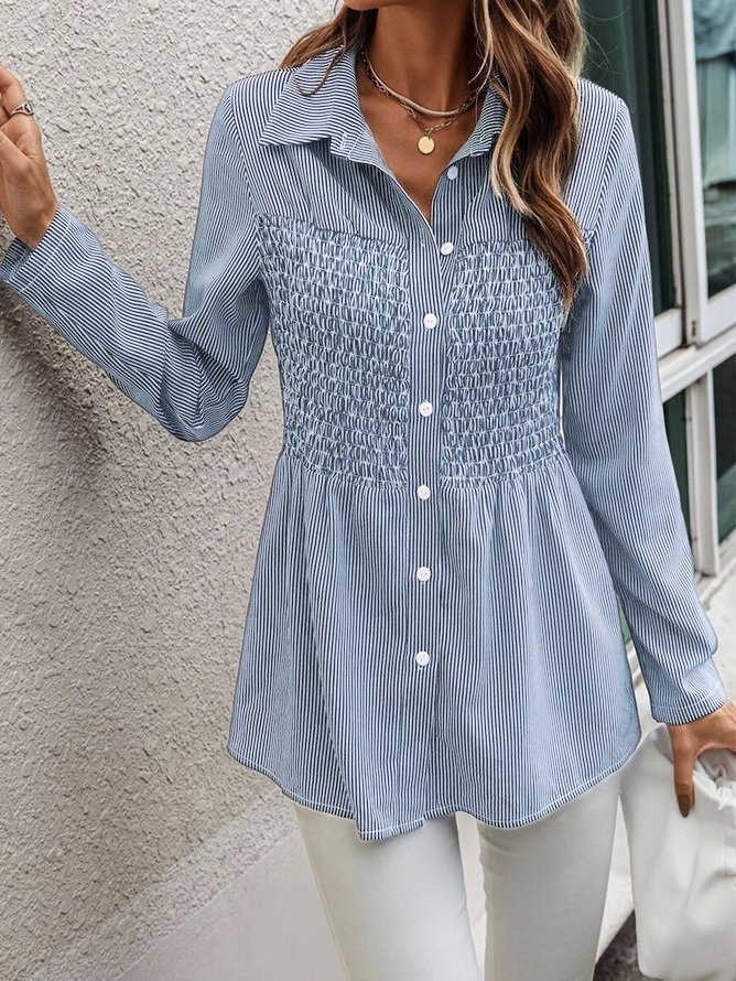 Striped Long Sleeve Buttoned Casual Tunic Blouse