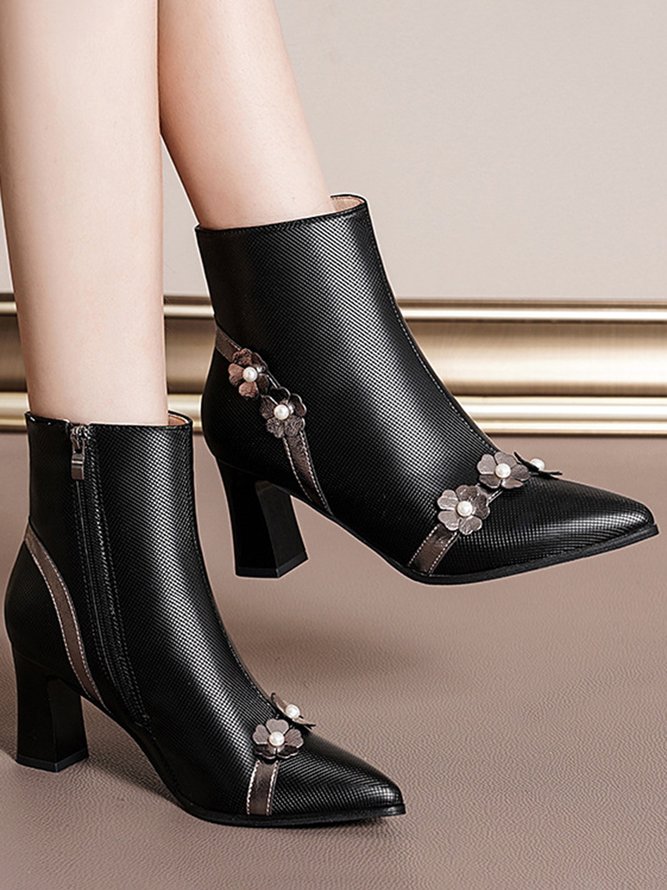 Pearl Three-dimensional Floral Warm Fleece Chunky Heel Ankle Boots