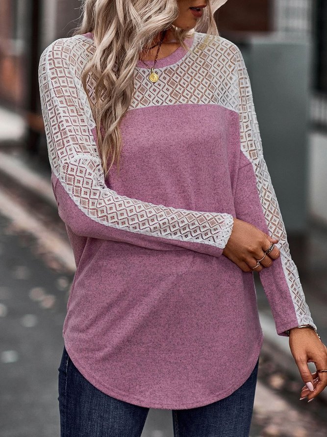 Casual Loose Lace Crew Neck Pink T-Shirt