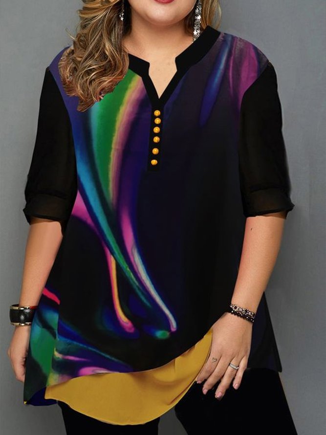 Plus Size Abstract Casual Half Open Collar Top