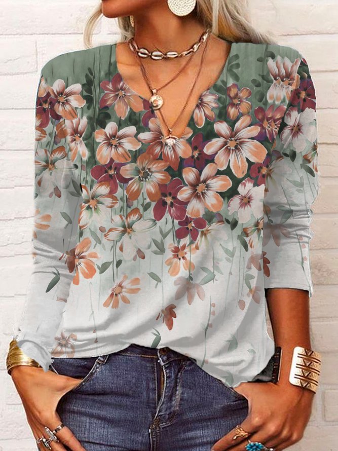 Loose Casual Jersey Red Floral T-Shirt