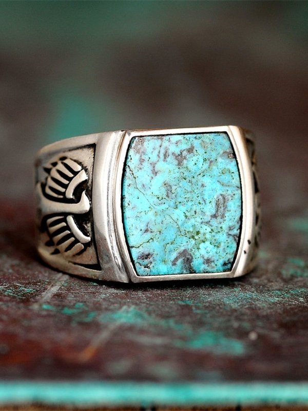 Ethnic Vintage Square Turquoise Ring Boho Vacation Jewelry