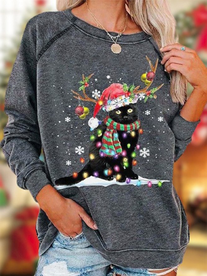 Christmas Cat Snowflake Long Sleeve Crew Neck Casual Tunic Sweatshirt Xmas Hoodies
