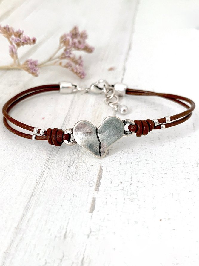 Ethnic Vintage Silver Heart Leather Bracelet Bohemian Vacation Jewelry Valentine's Day Gift