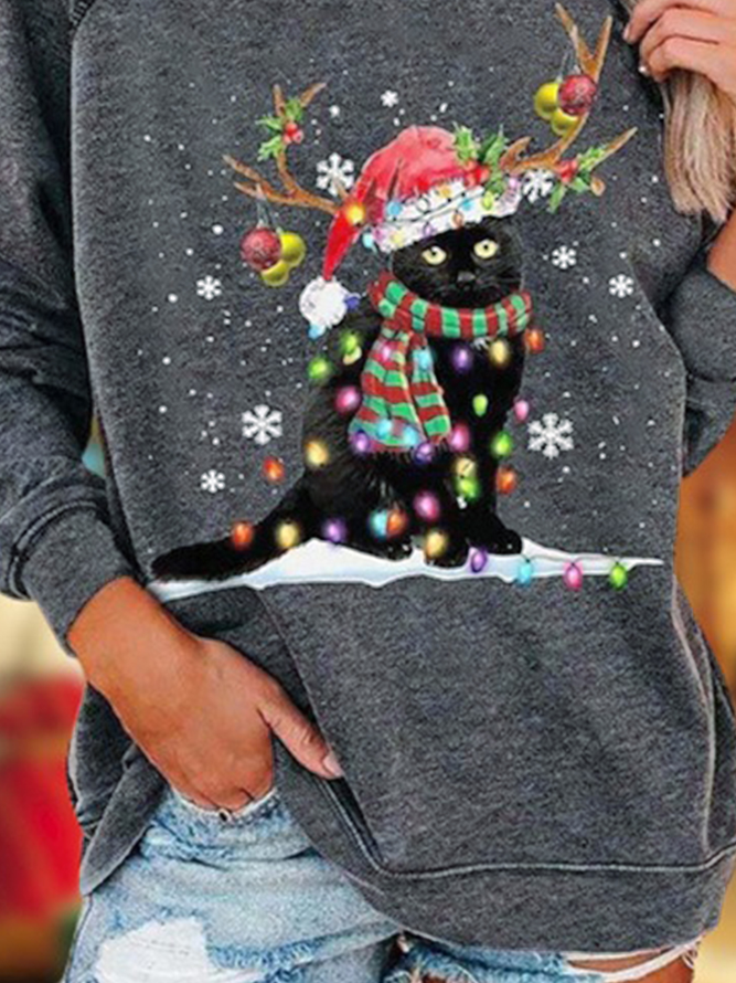 Christmas Cat Snowflake Long Sleeve Crew Neck Casual Tunic Sweatshirt Xmas Hoodies