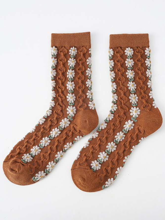 Casual Colorful Floral Embroidered Ruffle Pattern Socks Daily Commuting Home Accessories