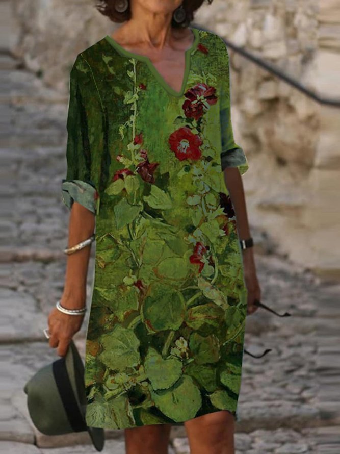 Casual Loose Floral V Neck Dress