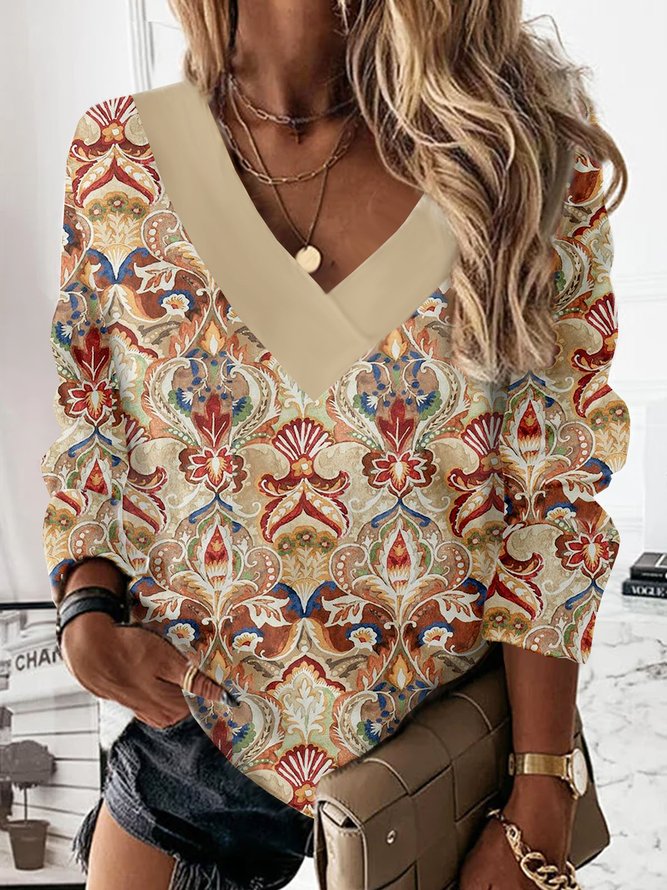 Loose Ethnic Printed Casual V Neck Sweatshirt