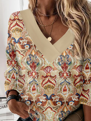Loose Ethnic Printed Casual V Neck Sweatshirt