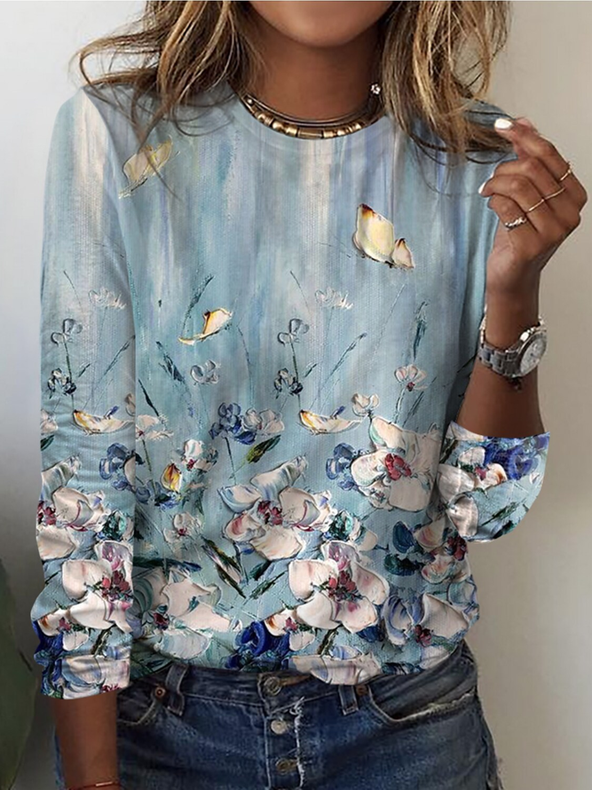 Floral Crew Neck Casual Jersey T-Shirt