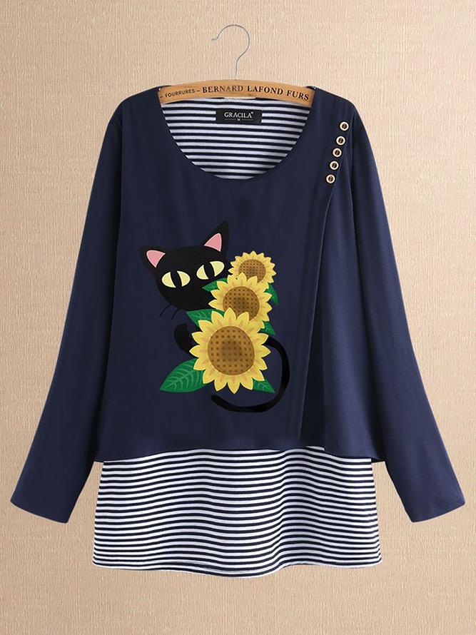 Plus Size Loose Jersey Casual Sunflower Sweatshirt