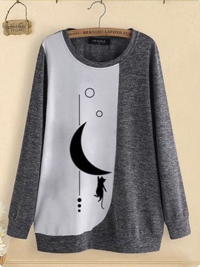 Plus Size Moon Printing Casual Crew Neck Jersey Sweatshirt