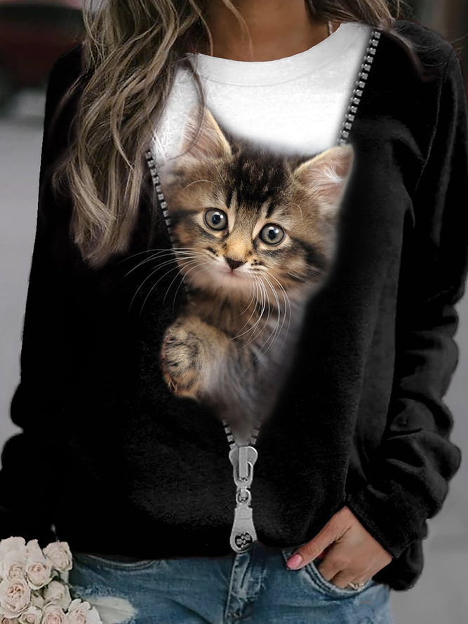 Cat Loose Crew Neck Casual Sweatshirt