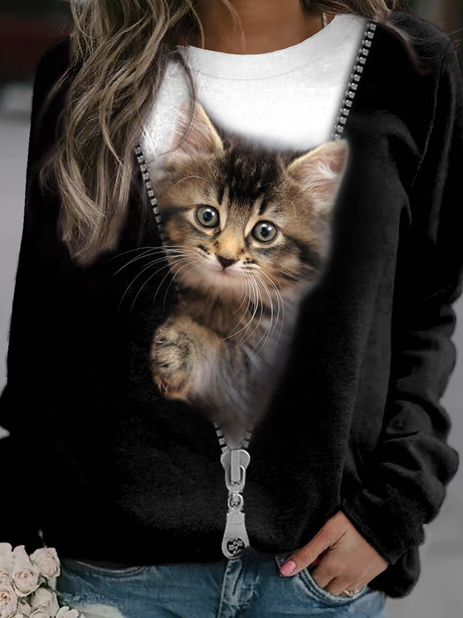 Cat Loose Crew Neck Casual Sweatshirt