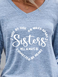 Sister Letters Color Block Long Sleeve V Neck Casual T-Shirt