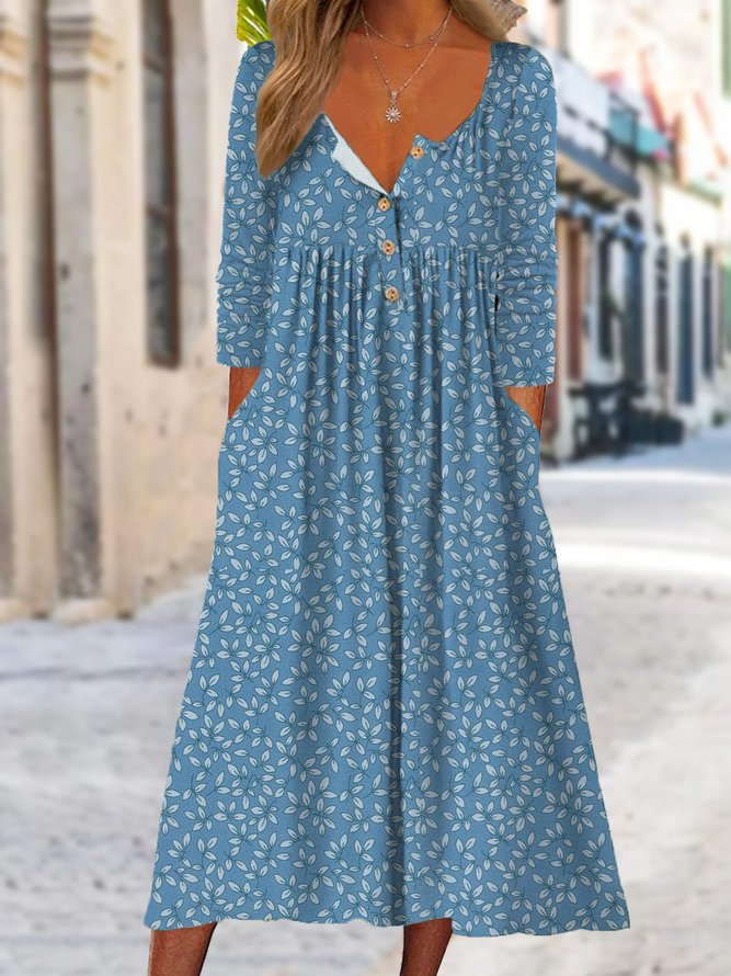 Blue Floral Casual Loose Buckle Dress