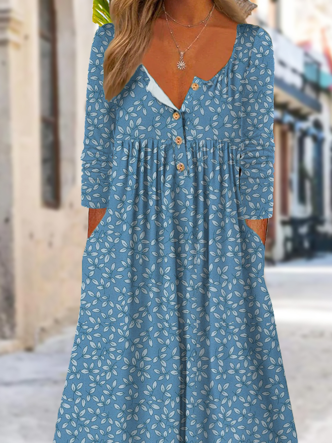 Blue Floral Casual Loose Buckle Dress