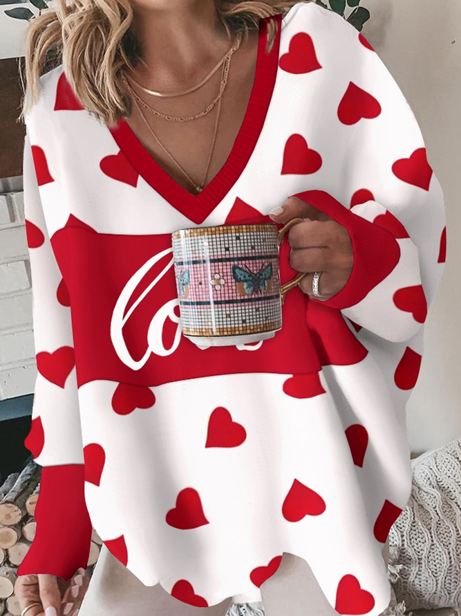 Heart/Cordate Loose Casual V Neck Sweatshirt