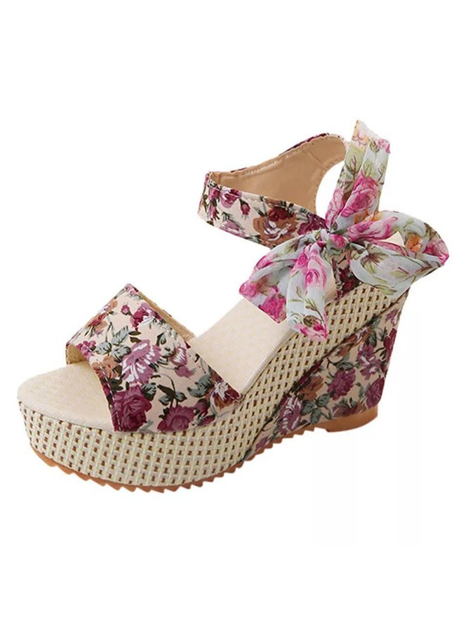 Holiday Floral Lace Gauze Bow Wedge Sandals