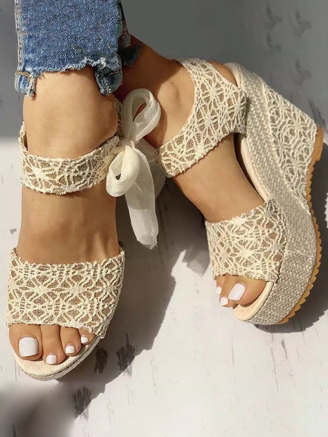Holiday Floral Lace Gauze Bow Wedge Sandals