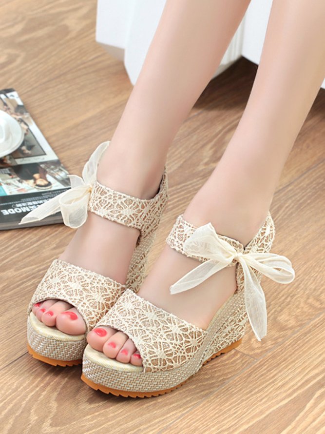 Holiday Floral Lace Gauze Bow Wedge Sandals