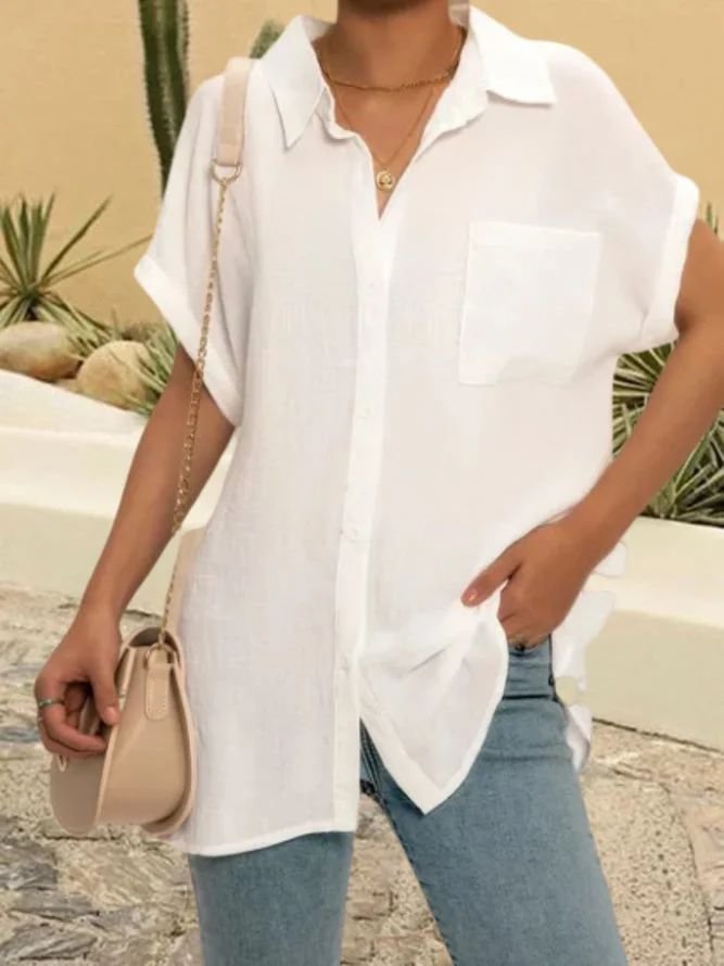 Plus Size Casual Shirt Collar Cotton Blends Short Sleeve Blouse