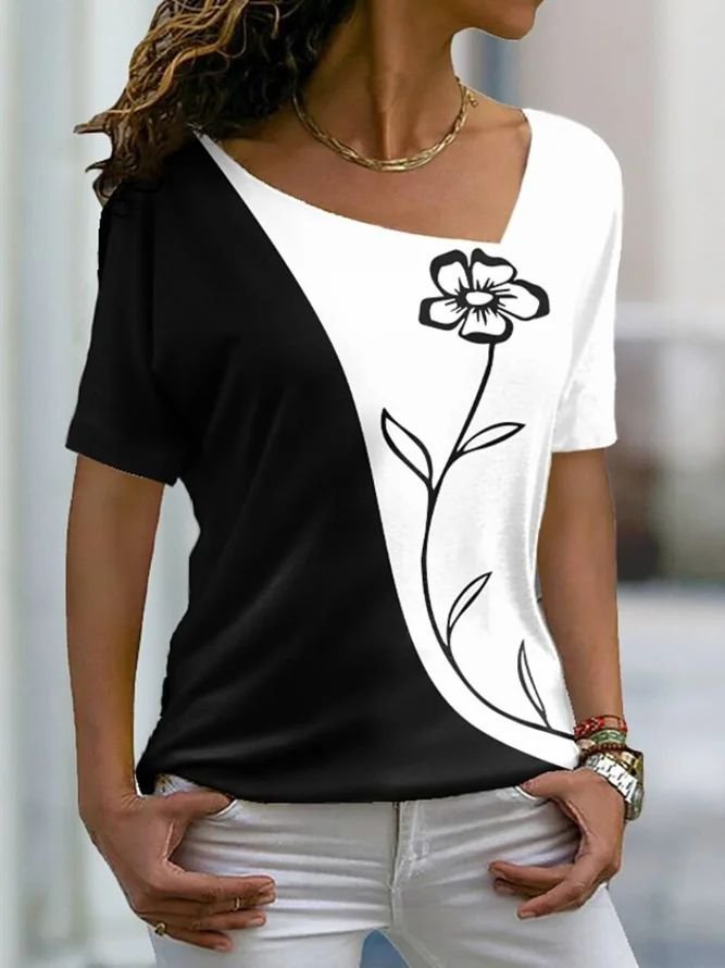 Plus Size Floral Casual Short Sleeve T-Shirt