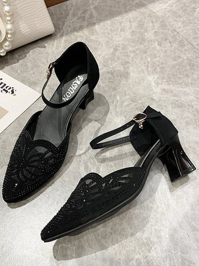 Elegant And Black Mesh Rhinestone Chunky Heel Dress Shoes
