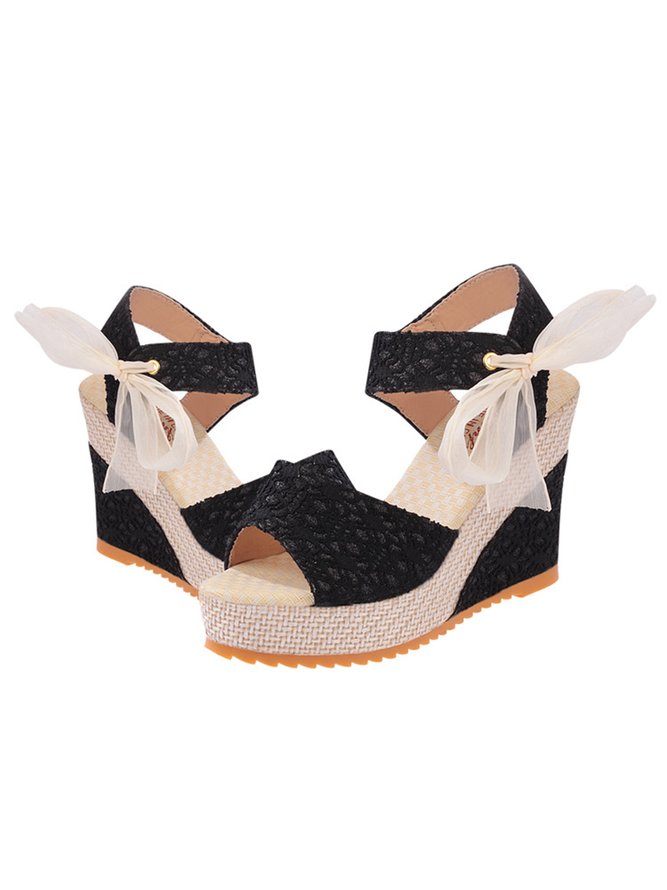 Holiday Floral Lace Gauze Bow Wedge Sandals