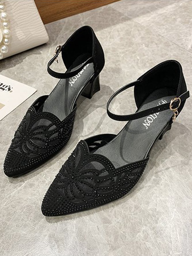 Elegant And Gorgeous Black Mesh Rhinestone Chunky Heel Dress Shoes