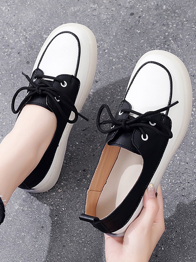 Casual Split Joint Color Block Leather Lace Up Flat Shoes