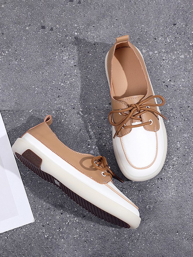 Casual Split Joint Color Block Leather Lace Up Flat Shoes