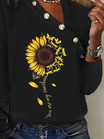 Casual Buckle Asymmetrical Collar Sunflower Printed T-Shirt
