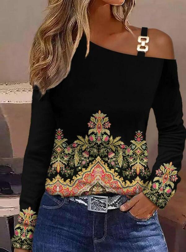 Ethnic Casual Loose One Shoulder T-Shirt
