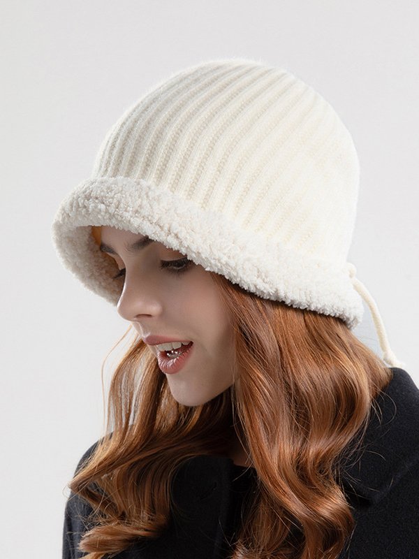 Casual Wool Knit Panel Coral Fleece Beanie Daily Commuting Home Accessories