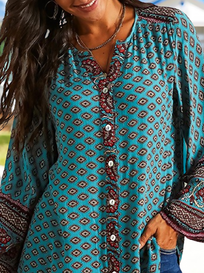 Ethnic Long Sleeve Buckle Vacation Blouse