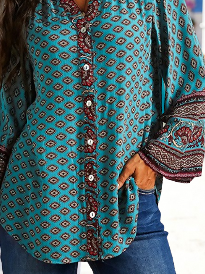 Ethnic Long Sleeve Buckle Vacation Blouse