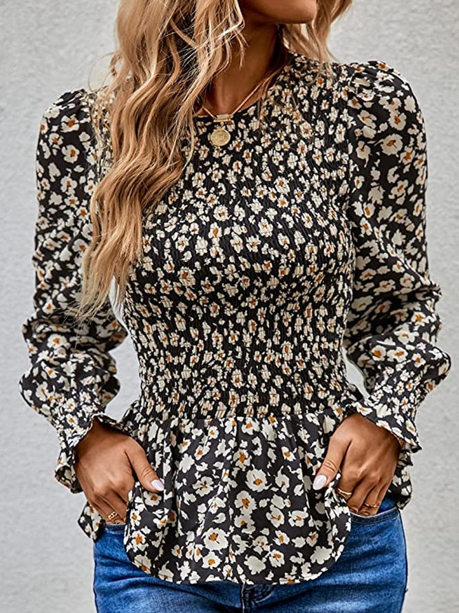White Floral Crew Neck Casual Top