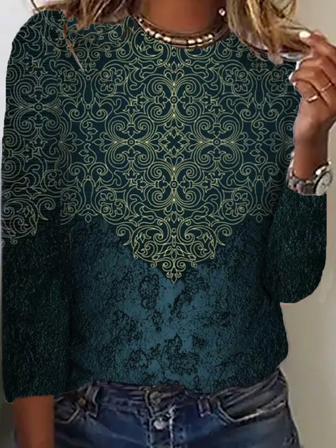 Ethnic Crew Neck Casual Loose T-Shirt