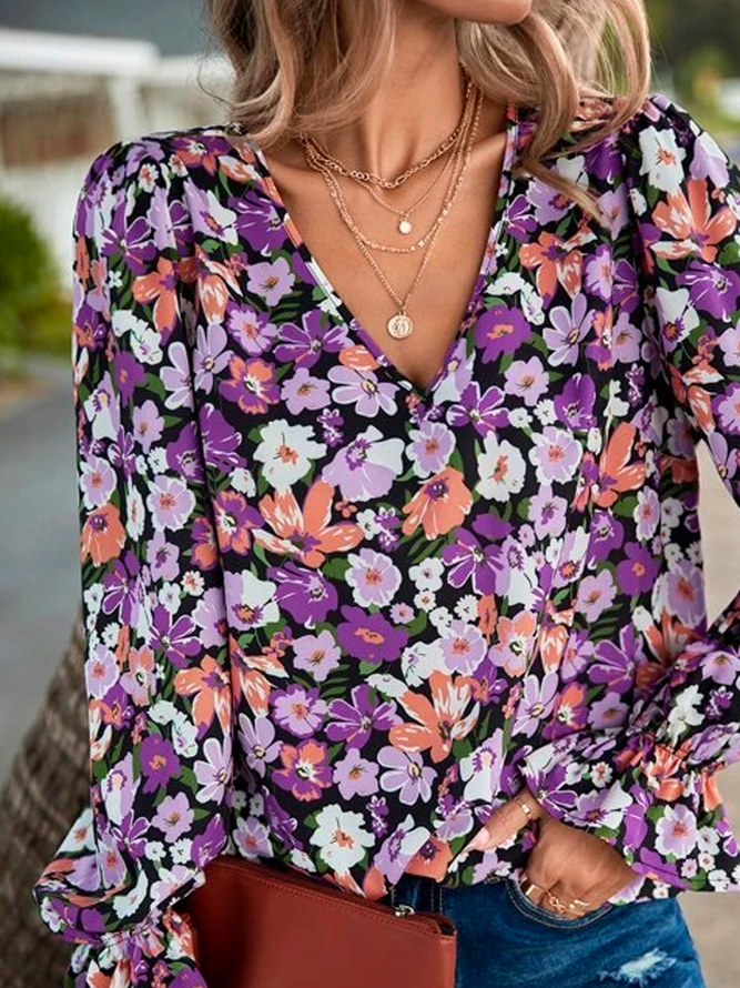 Purple Floral V Neck Casual Top