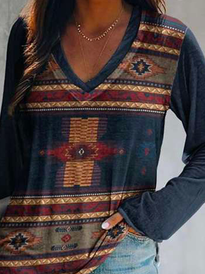 Ethnic V Neck Jersey Casual T-Shirt