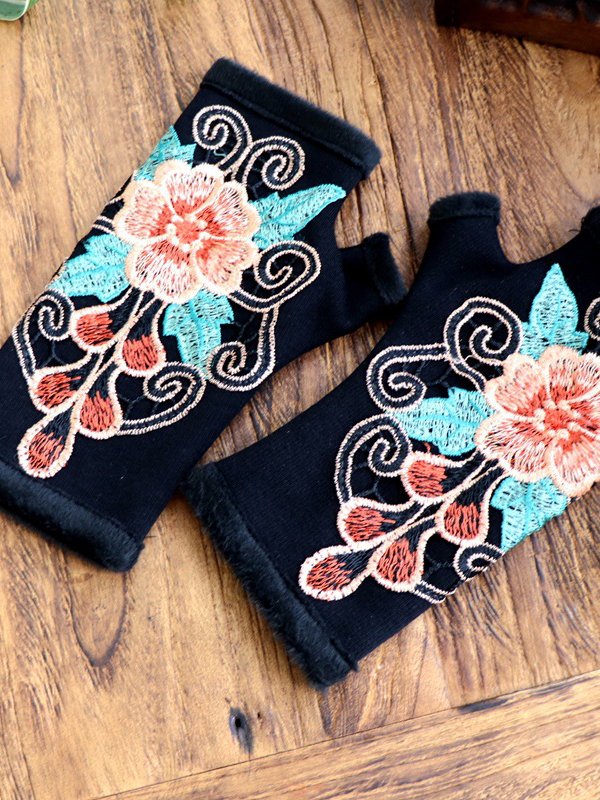 Ethnic Vintage Floral Embroidered Half Finger Gloves