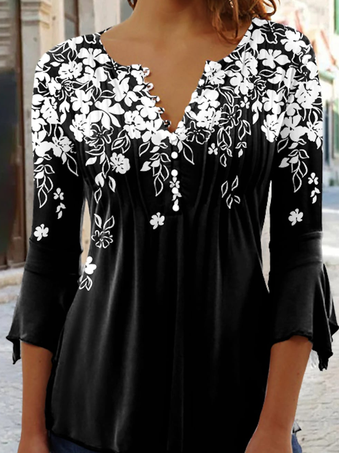 V Neck Casual Loose Floral Top